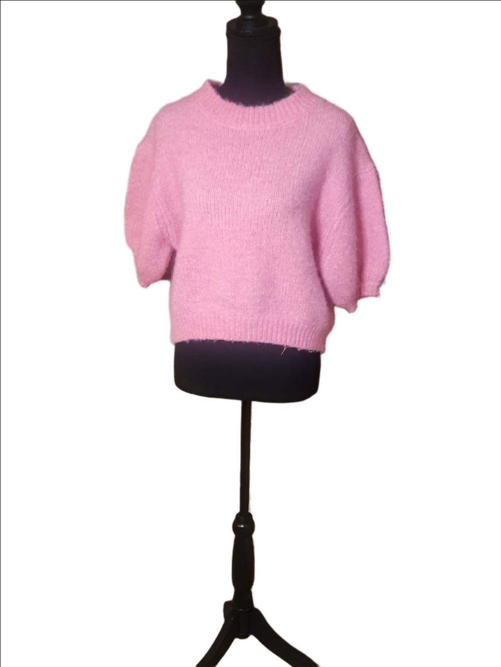 Zara Pink Puff-Sleeve Crewneck Cropped Sweater, Size Small